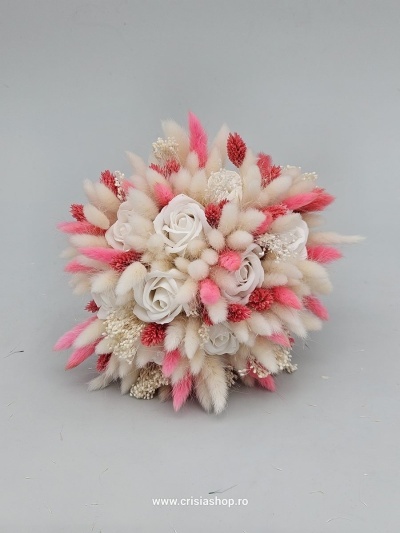 Buchet mireasa flori uscate, ivory & electric magenta - Img 2