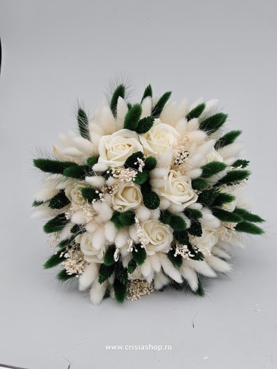 Buchet mireasa flori uscate, ivory & green - Img 1