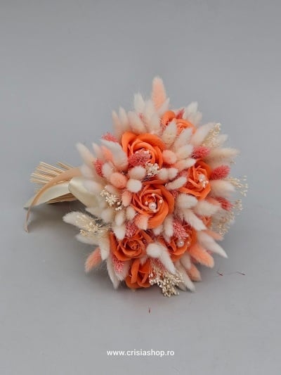Buchet mireasa flori uscate, portocaliu cu ivory