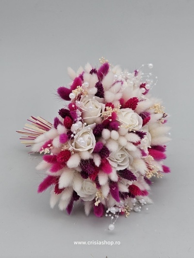 Buchet mireasa flori uscate, rosu, magenta si ivory