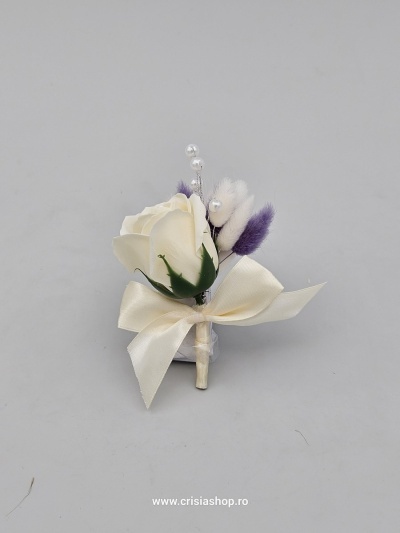 Floare nunta, trandafir ivory, lagurus crem si lila