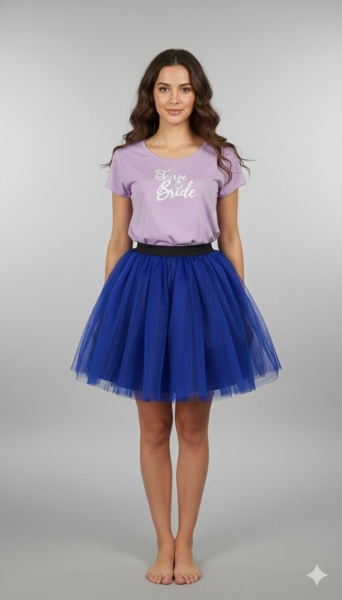 Tricou lila inscriptionat cu Team Bride, cu fusta albastra