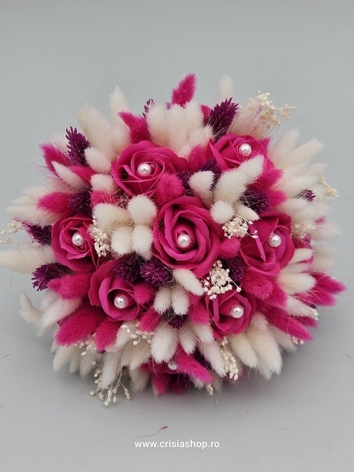 Buchet mireasa flori uscate, electric magenta & ivory