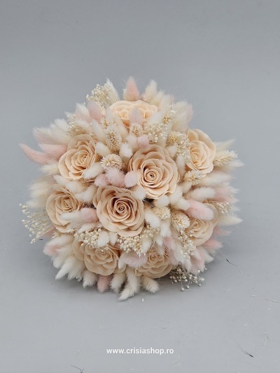 Buchet mireasa flori uscate, ivory & baby pink - Img 2