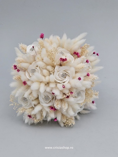 Buchet mireasa flori uscate, ivory cu roz, stras - Img 2