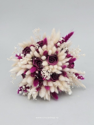 Buchet mireasa flori uscate, ivory & magenta - Img 2