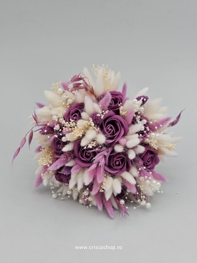Buchet mireasa flori uscate, ivory, mov, lila - Img 2