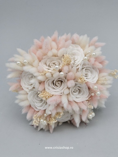 Buchet mireasa flori uscate, lady pink & ivory