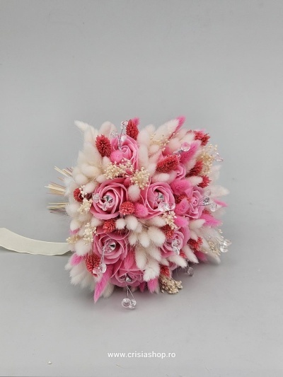 Buchet mireasa flori uscate, light pink cu ivory - Img 2