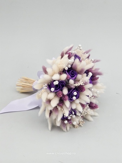 Buchet mireasa flori uscate, mov cu ivory - Img 2