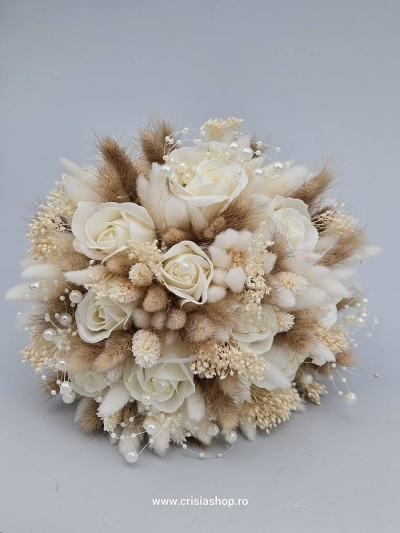 Buchet mireasa flori uscate, nature și ivory