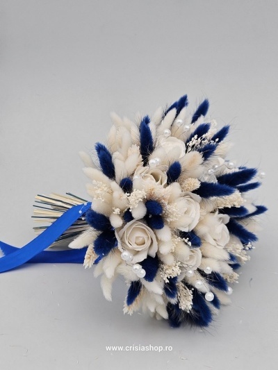 Buchet mireasa flori uscate, navy blu & ivory - Img 2