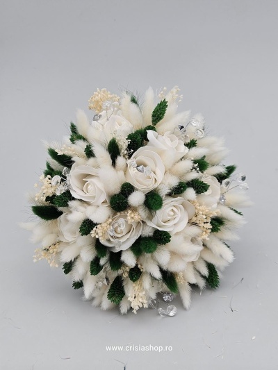 Buchet mireasa flori uscate, verde special cu ivory