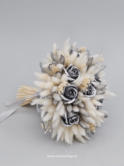 Buchet mireasa flori uscate, argintiu cu ivory