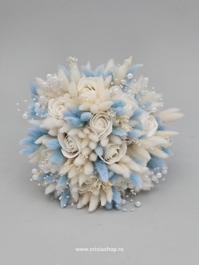 Buchet mireasa flori uscate, bleo cu ivory - Img 2