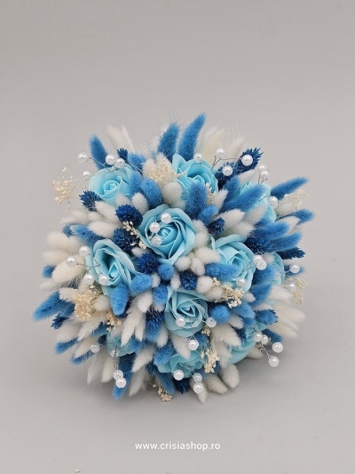 Buchet mireasa flori uscate, bleu cu ivory