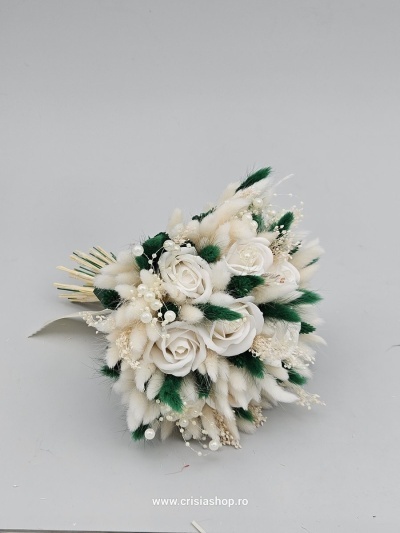 Buchet mireasa flori uscate, forest green & ivory - Img 2