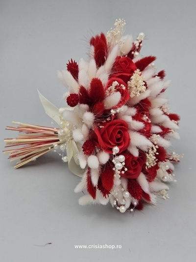 Buchet mireasa flori uscate, ivory & double red - Img 2