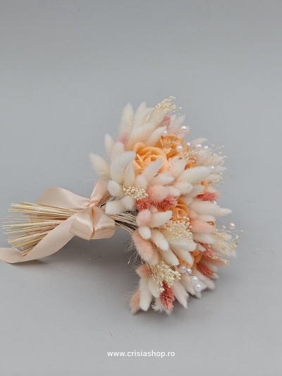 Buchet mireasa flori uscate, orange rose, ivory si roz - Img 2