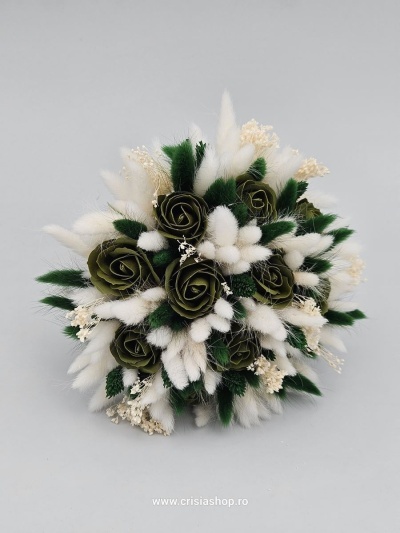 Buchet mireasa flori uscate, verde cu ivory
