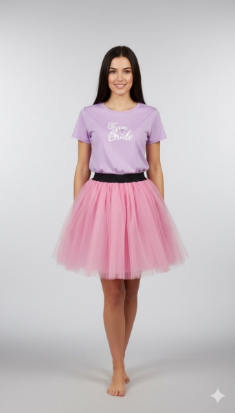 Tricou lila inscriptionat cu Team Bride, cu fusta roz