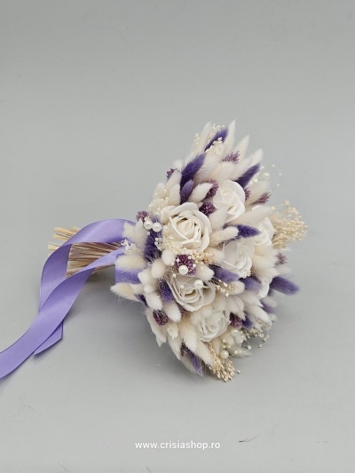 Buchet mireasa flori uscate, ivory cu light lila - Img 2