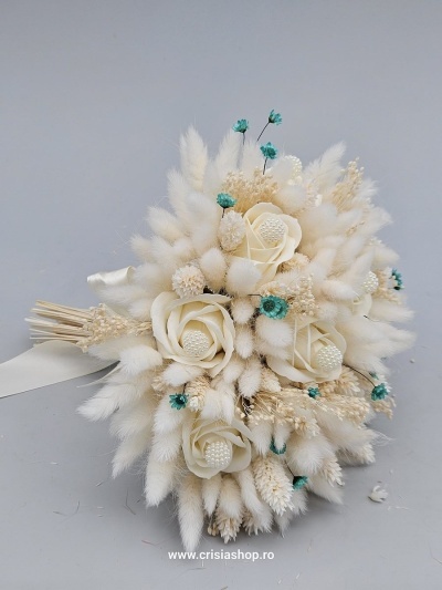 Buchet mireasa flori uscate, ivory cu light turquaz