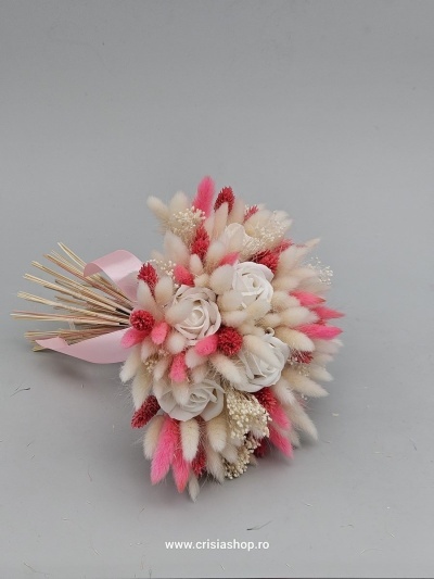 Buchet mireasa flori uscate, ivory & electric magenta - Img 3