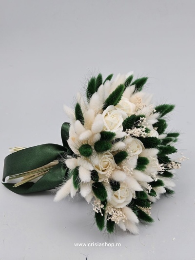 Buchet mireasa flori uscate, ivory & green - Img 2