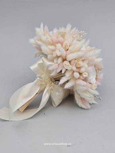 Buchet mireasa flori uscate, rose cu ivory - Img 1