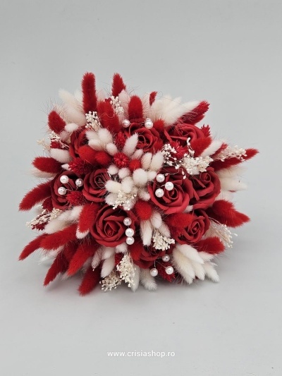 Buchet mireasa flori uscate, rosu cu ivory