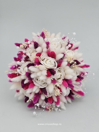 Buchet mireasa flori uscate, rosu, magenta si ivory - Img 2