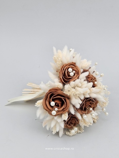 Buchet mireasa flori uscate, trandafiri maro cu lagurus ivory - Img 2