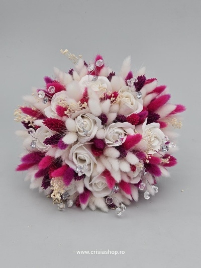 Buchet mireasa flori uscate, white rose, alb, roz, magenta
