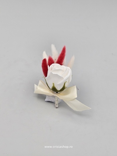 Floare nunta, trandafir ivory, lagurus rosu si crem