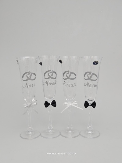 Pahare pentru miri si nasi, cristal, verighete argintii