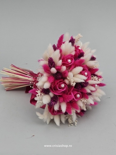 Buchet mireasa flori uscate, electric magenta & ivory - Img 2
