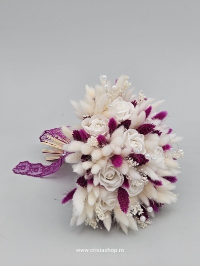 Buchet mireasa flori uscate, fuxia cu ivory