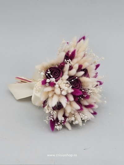 Buchet mireasa flori uscate, ivory & magenta - Img 3
