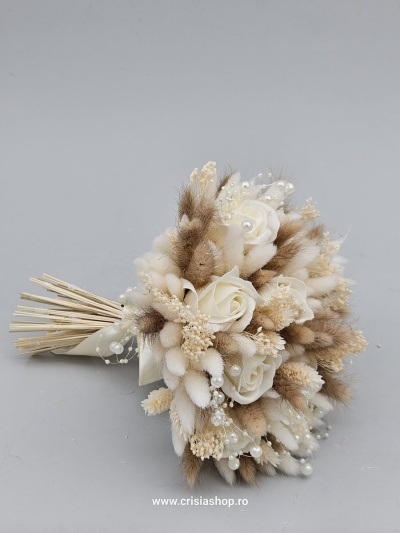 Buchet mireasa flori uscate, nature și ivory - Img 2