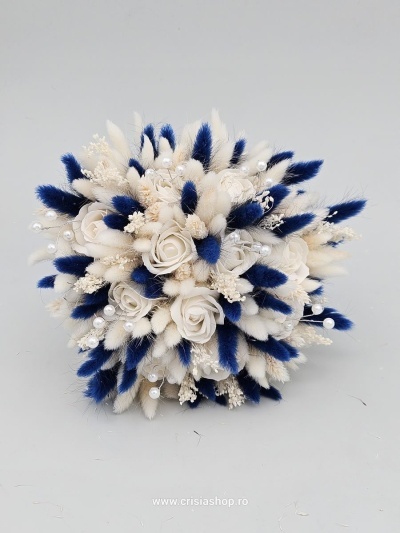 Buchet mireasa flori uscate, navy blu & ivory - Img 3