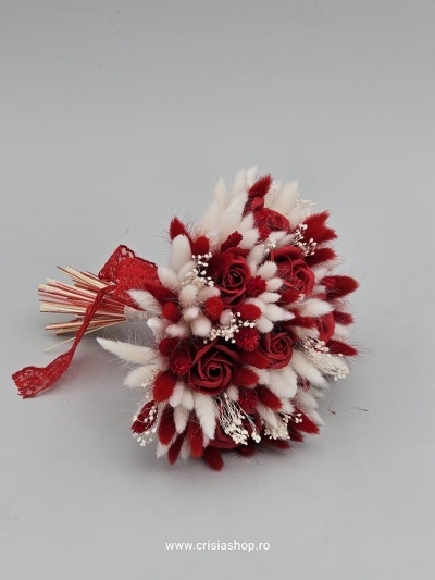 Buchet mireasa flori uscate, rosu cu ivory
