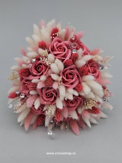 Buchet mireasa flori uscate, roz cu ivory