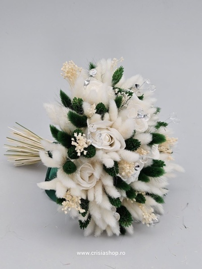 Buchet mireasa flori uscate, verde special cu ivory - Img 2