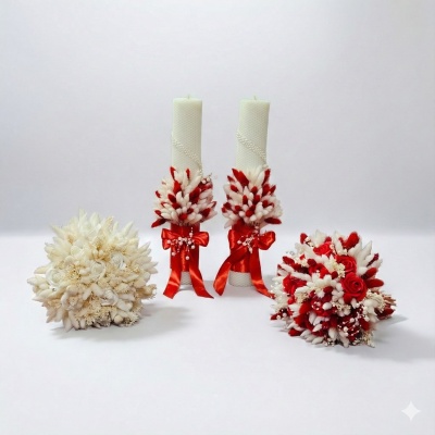 Set Lumanari si buchete, rosu cu ivory