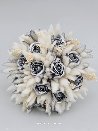 Buchet mireasa flori uscate, argintiu cu ivory - Img 2