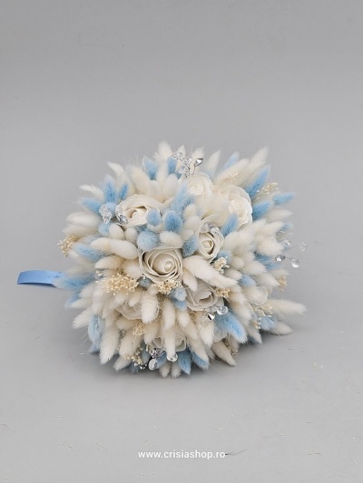 Buchet mireasa flori uscate, baby blue & ivory - Img 2