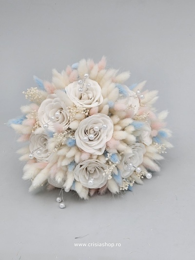 Buchet mireasa flori uscate, baby pink, blu & ivory - Img 2