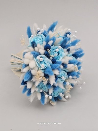Buchet mireasa flori uscate, bleu cu ivory - Img 2