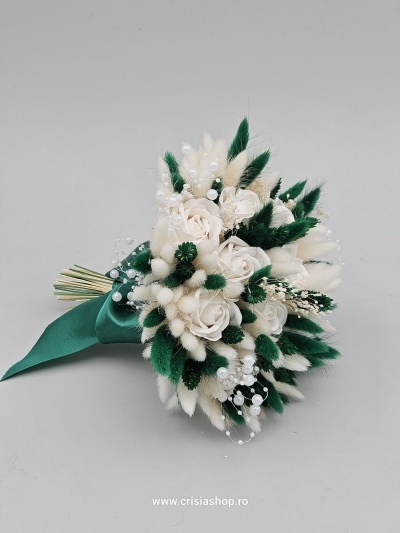 Buchet mireasa flori uscate, ivory cu verde brad
